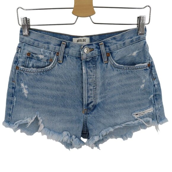 Agolde Womens 25 Parker Button Fly Distressed Raw Hem Blue Denim Jean Shorts - Picture 1 of 11